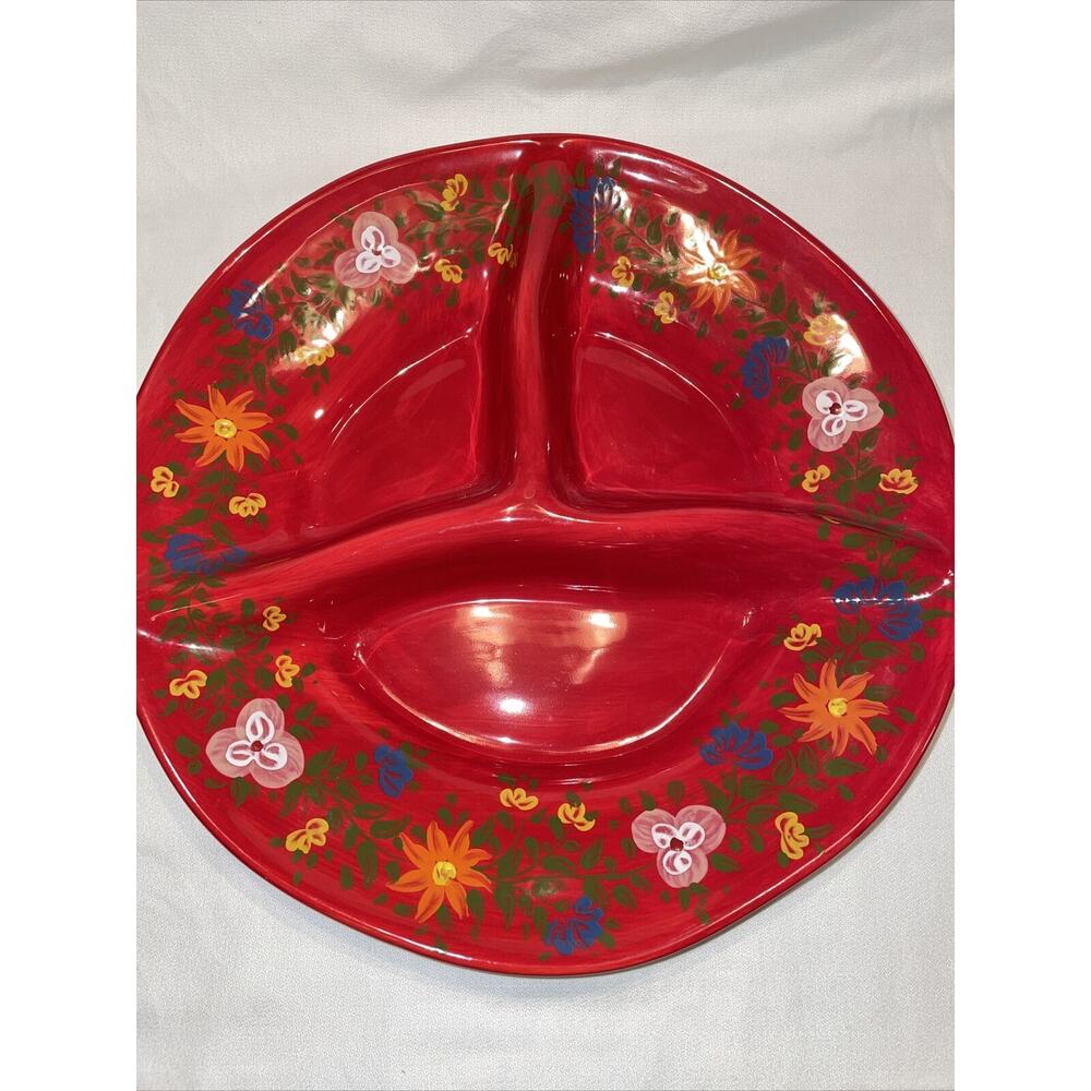 NWT Espana Pasha Red Divided Plate Don Swanson Hand Crafted Ceramic 13.75"